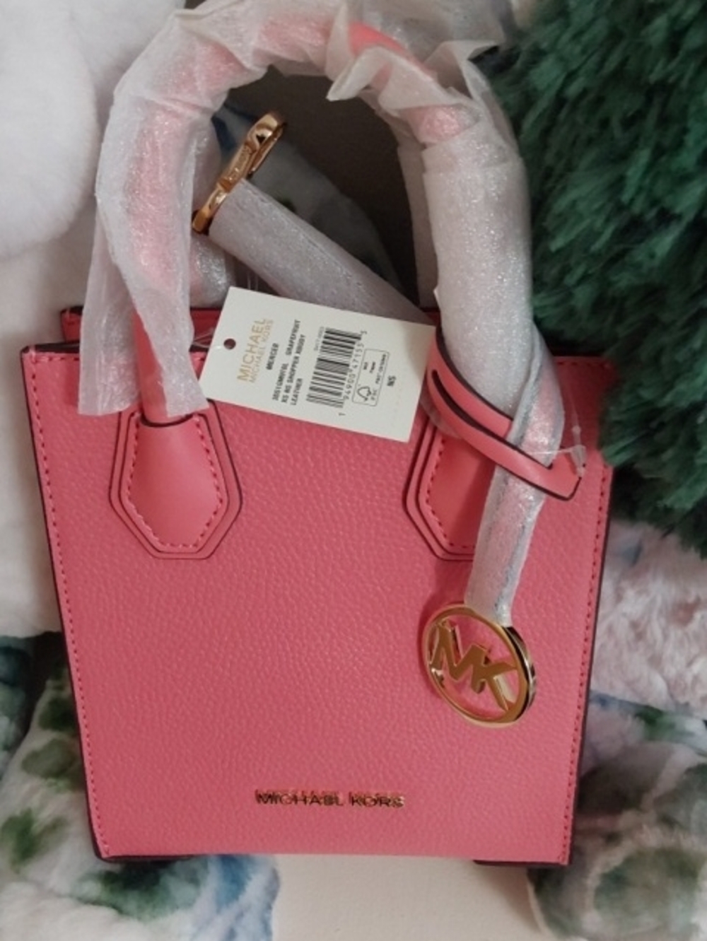 NWT Michael Kors Coral Pink Pebbled Leather Mini Satchel with Gold MK Charm